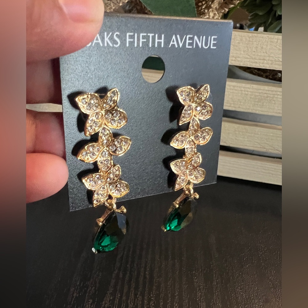 Saks Fifth Avenue Gold/Emerald Flower Drop Earrings - Picture 3 of 5